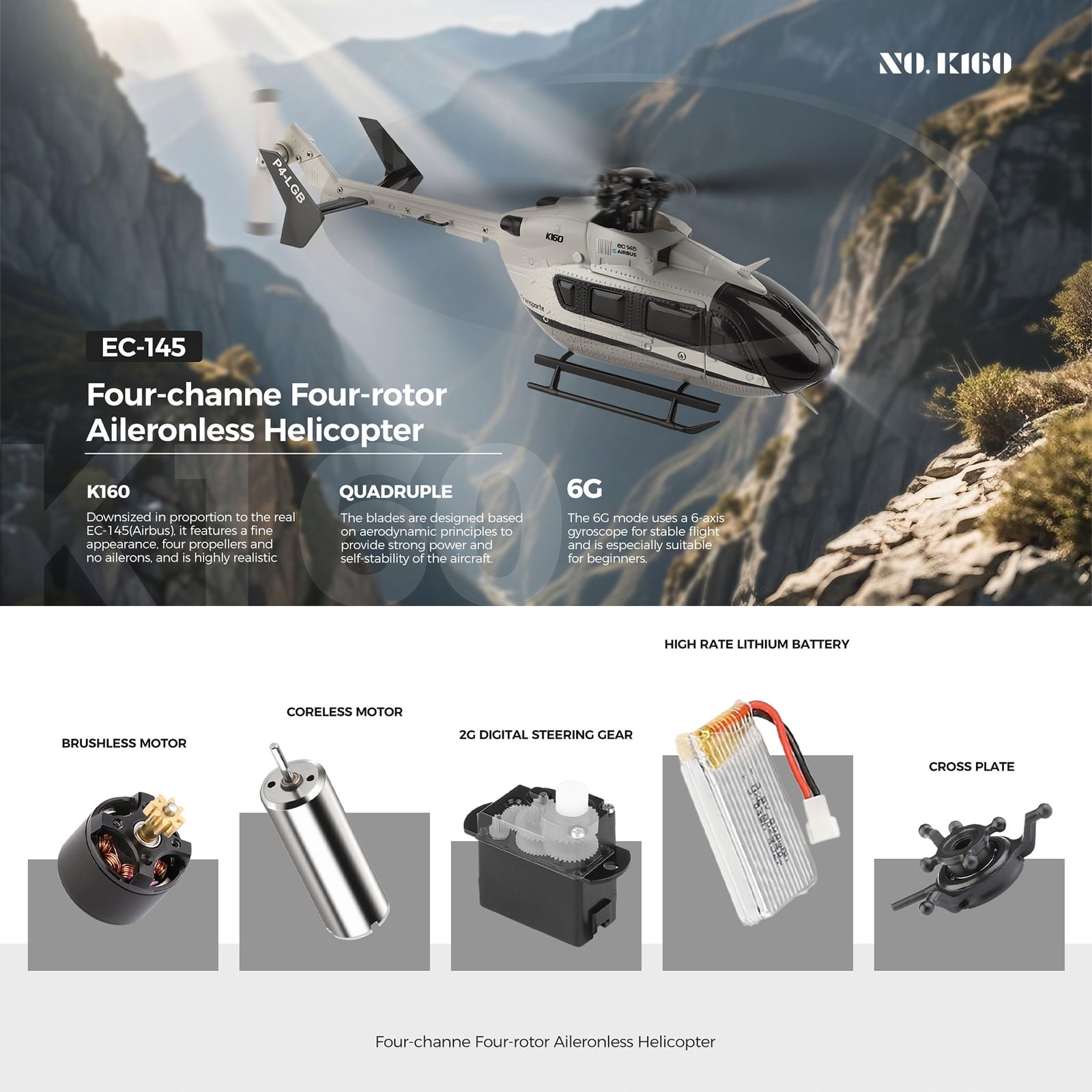 Bruce&Shark RC Helicopter WL K160, 6-Axis Gyro 1:32 Scale EC-145 160-Class 4CH 2.4GHz Flybarless Aircraft with Altitude Hold & One-Key Take Off/Landing & Adjustable Throttle – RTF