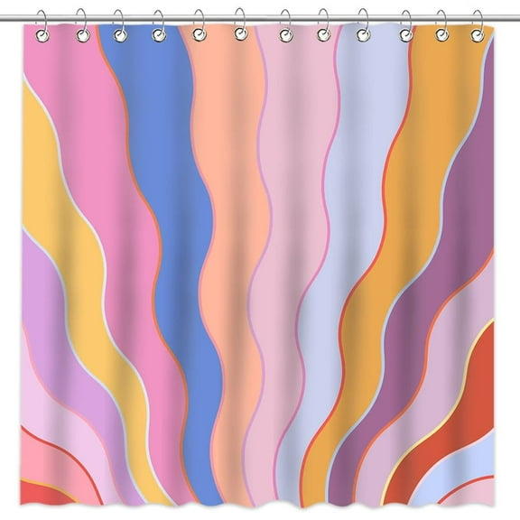 Avezano Retro 70s Hippie Shower Curtain Mid-Century Abstract Art Bathroom Curtain Colorful Groovy Stripes Shower Curtain Set with 12 Hooks, 72x72 Inches