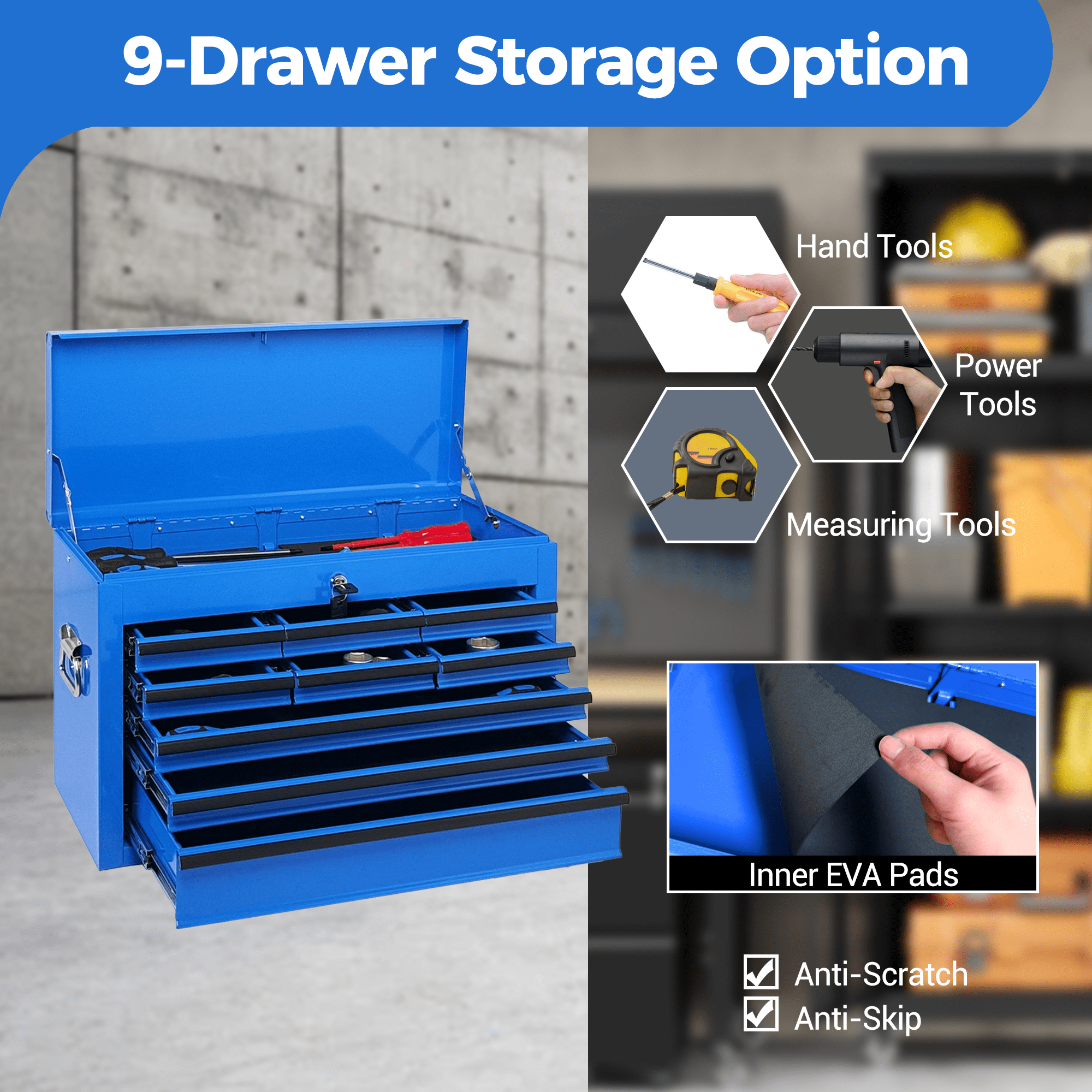 Heavy Duty Metal Tool Box,24 Inch Portable Tool Chest with 9 Drawers, Ball Bearing Slide Drawers with Auto-Locking System, Lockable Top Box Tool Organizer for Garage, Workshop, Truck,Blue