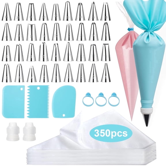 BSHAPPLUS® 397 Pcs Cake Decorating Kit,36 Numbered Stainless Steel Piping Tips,350 Disposable Pastry Bags,Frosting Piping Kit with Coupler,Scraper,Reusable Silicone Bag for Cupcake Cookie Cake Baking