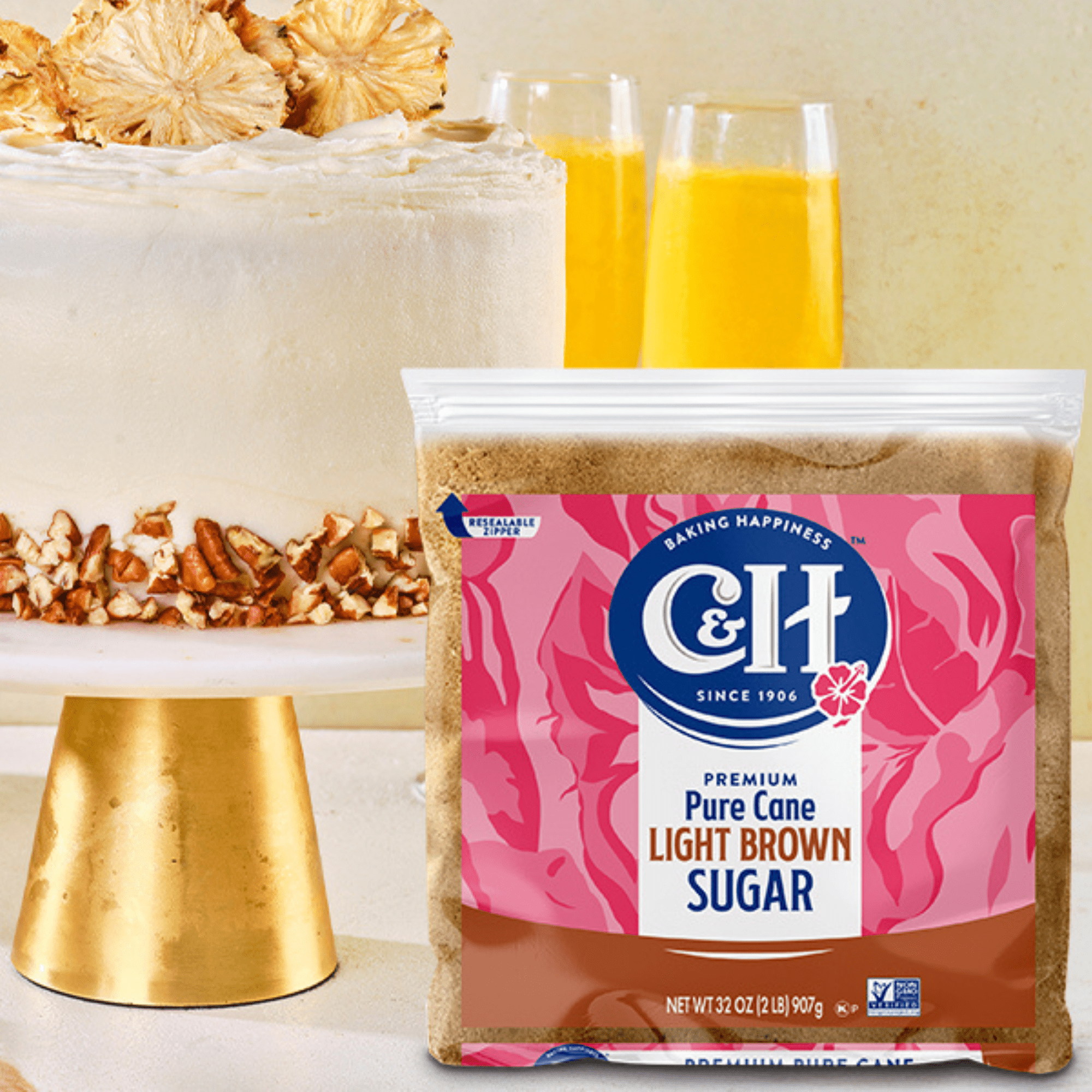 (3 pack) C&H Premium Pure Cane Light Brown Sugar 2 lb. Zipper-Pak