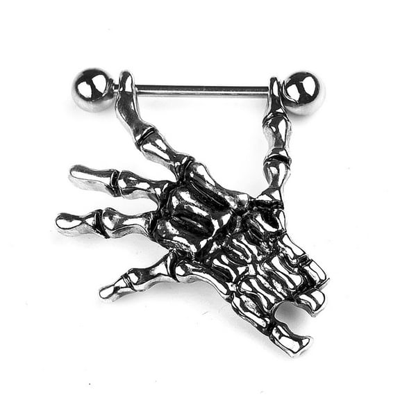 opvise 14G Sexy Skeleton Skull Hand Bar Barbell Nipple Shield Ring Punk Body Piercing