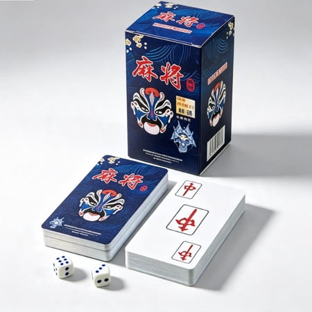 PVC Waterproof Mahjong Playing Cards 🀄 144 Card Set + 2 Dice | Portable Travel Mahjong Poker Cards with Chinese Peking Opera Face Design Washable Bendable Plastic Game Cards for Camping & Party