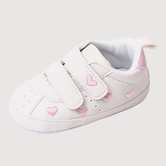 Gyujnb Girls Heart Embroidered Crib Shoes, Hook and Loop Double Strap Flat Sole Comfortable Baby Shoes(Toddler),6-12 Months