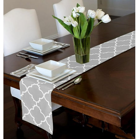 

Grey nd White Modern Contemporry Trellis Dining Room Kitchen Tble Runner Mt Topper 12 x 72