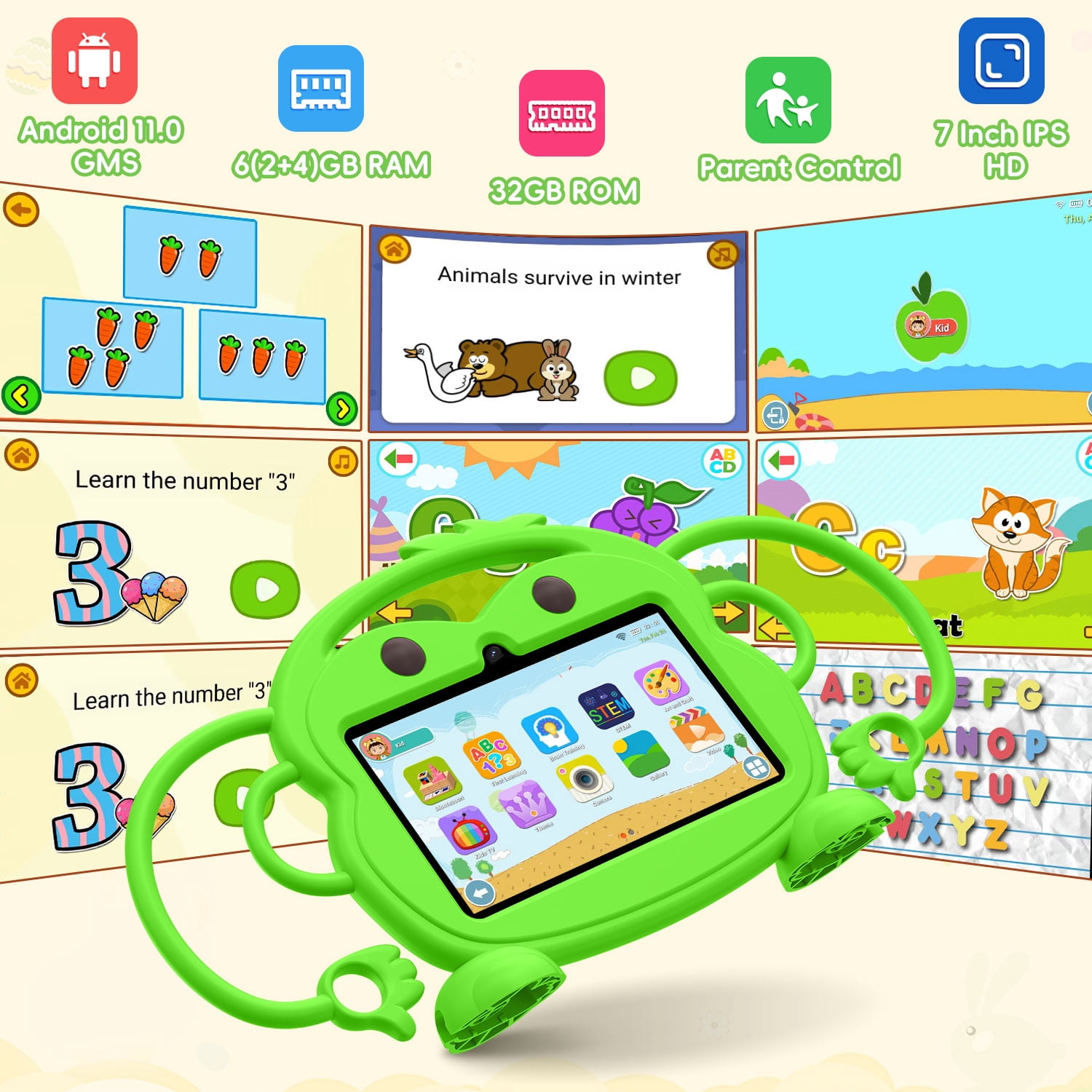 Kids Tablet, 7 inch Android Tablet for Kids, 6GB RAM 32GB ROM Quad-Core Toddler Tablet with Shockproof Case, Bluetooth, WiFi, Parental Control, 2MP+2MP Dual Camera, GPS, Games