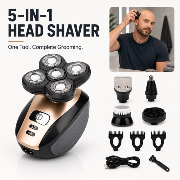 EHXS 5-in-1 Men's Grooming Kit, Rechargeable Cordless Personal Groomer with 5-Head Rotary Attachment, Hair Trimmer, Nose Trimmer & Facial Brush, Waterproof, Gold