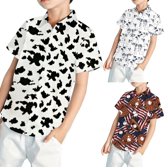 RTKFRFLM Boys Cowboy Western Shirt Cute Bull Graphic Print Short Sleeve Top Black 7-8 Years