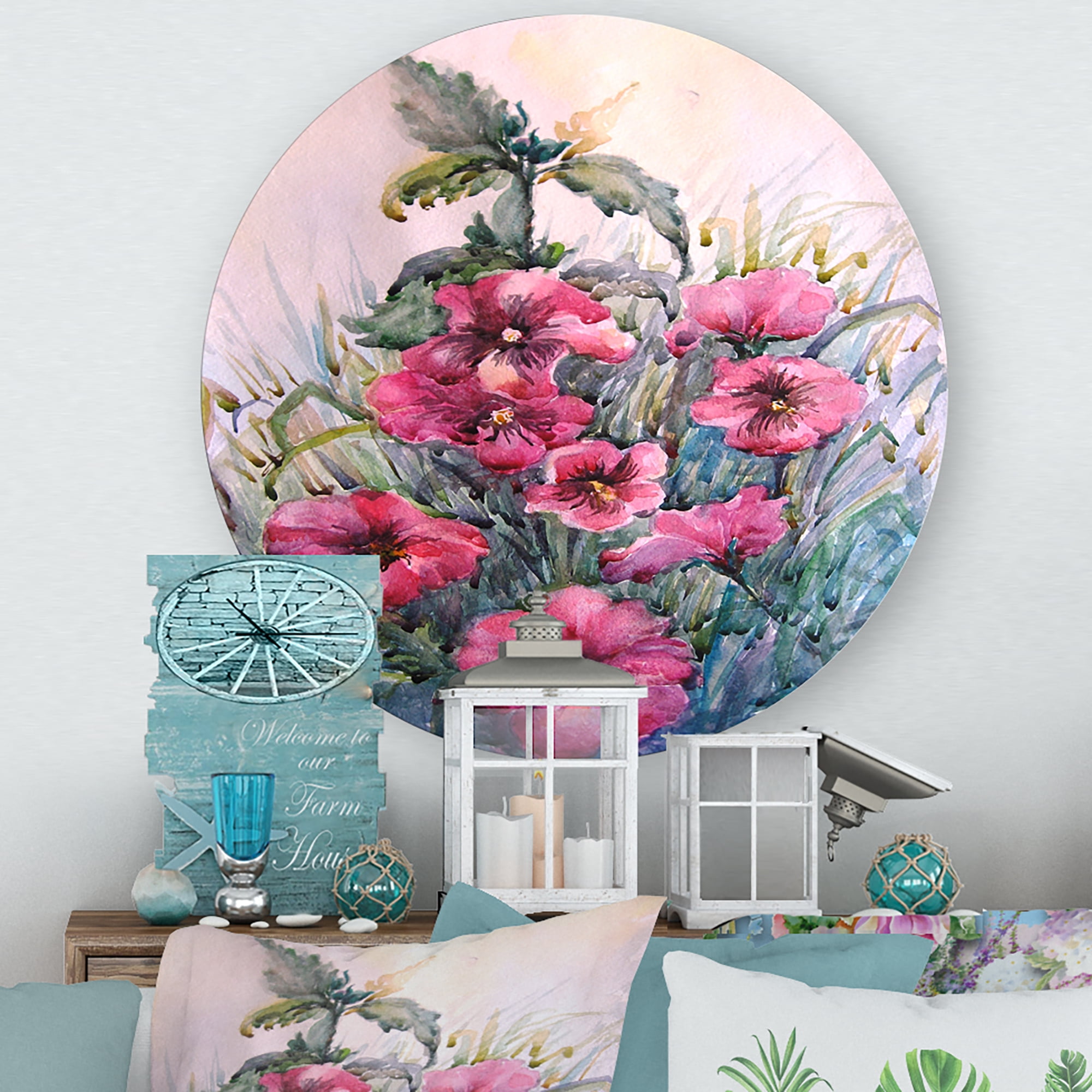 Designart 'Blossoming Hibiscus Flowers In The Wild' Traditional Circle Metal Wall Art 23x23 - Disc of 23