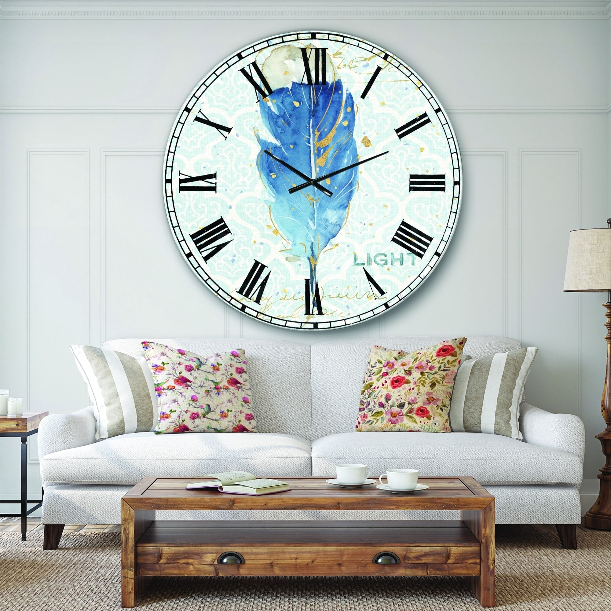 Designart 'Blue Damask Feather' Farmhouse Wall Clock