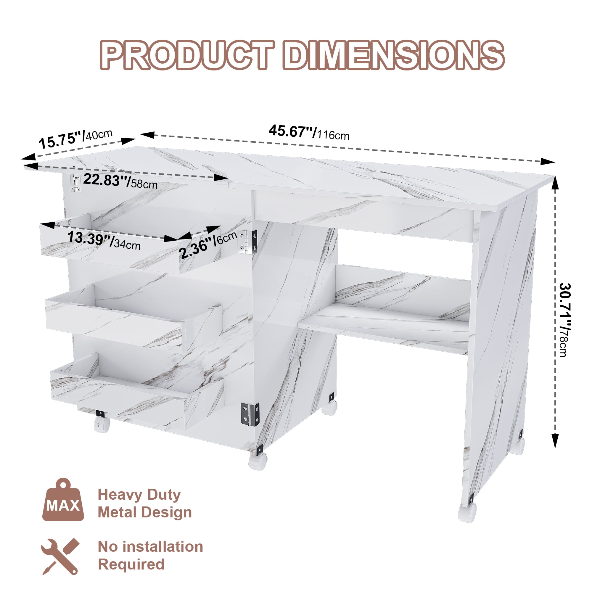 Computer Desk Folding Table,Multi-Functional 4-in-1 Folding Sewing Table Kitchen Storage Table with Lockable Wheels for Apartments,White