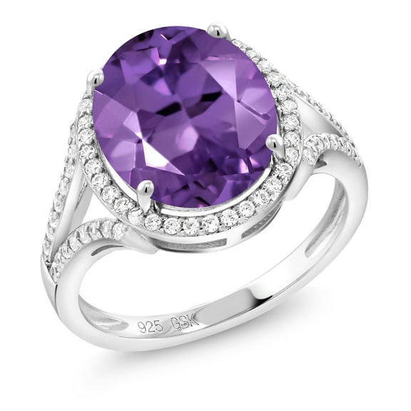 Gem Stone King 925 Sterling Silver Purple Amethyst Engagement Ring for Women (4.87 Cttw, Oval 12X10MM, Gemstone Birthstone, Available in Size 5, 6, 7, 8, 9)