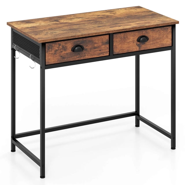 Costway Space Saving Home Computer Desk with 2 Fabric Drawers 4 Hanging Hooks & Metal Frame Brown