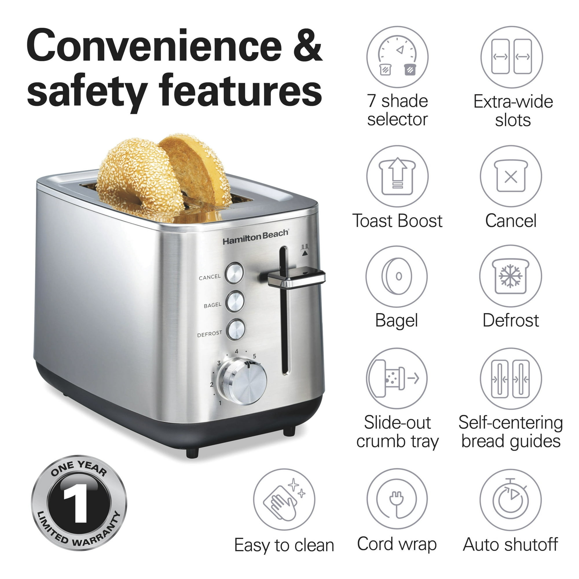 Hamilton Beach 2-Slice Bread and Bagel Toaster with Extra-Wide Slots, Toast Boost, and Removable Crumb Tray, Stainless Steel