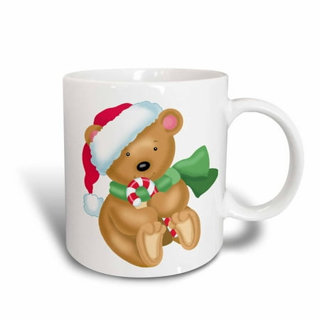 Christmas Candy Cane Mug - 3dRose Cute Little Santa Bear Illustration With A Candy Cane, Ceramic Mug, 11-ounce