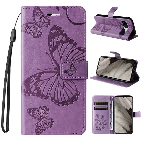 SaniMore for Google Pixel 7A Case, 3D Butterfly Embossed Magnetic Wallet Case for Girls Women, PU Leather TPU Interior Flip Kickstand Card Holder + Wrist Strap for Google Pixel 7A, Purple