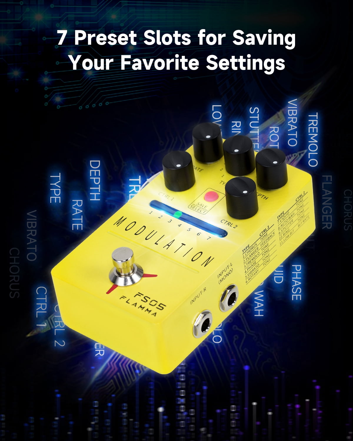 FLAMMA FS05 Multi Modulation Pedal Guitar Pedal Stereo Effects Flanger Chorus Tremolo Phase Effects 7 Storable Slots 11 Modulation Effects True Bypass
