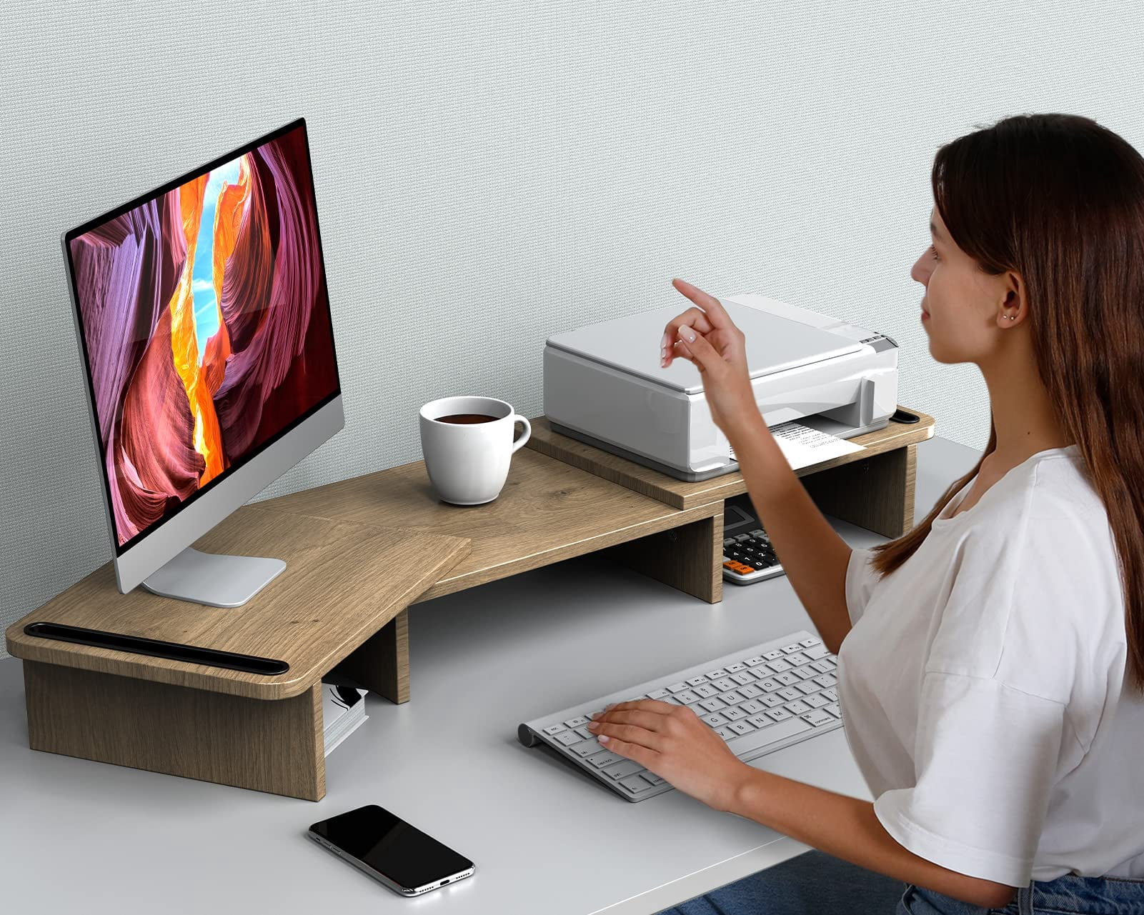 Dual Monitor Stand Riser  With Adjustable Length And Angle Wood For Desk 2 Monitors Storage Space