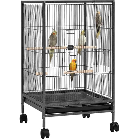 35 inch Wrought Iron Bird Cage w/Play Open Top and Rolling Stand for Small Birds Like Parrots Conure Lovebird Cockatiel Lovebirds Budgies