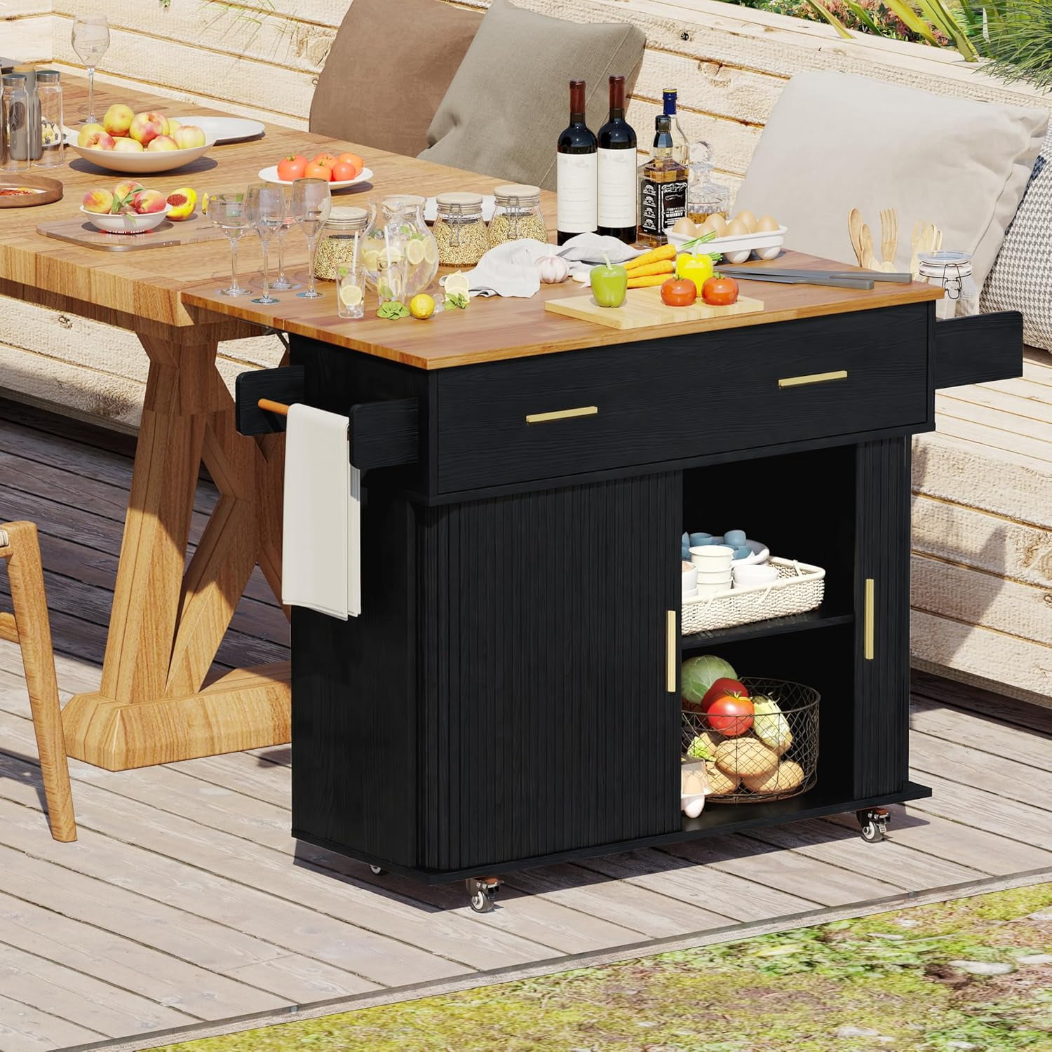 39.4" Rolling Kitchen Island Cart with Drop Leaf Countertop, Sliding Door, Drawers, Spice Rack, and 2-Tier Storage, Black