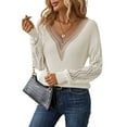 thumbnail image 3 of Womens Long Sleeve Sweaters Fall Trendy Lace V Neck Knit Drop Shoulder Pullover Sweater Jumper Tops Milky XL, 3 of 9