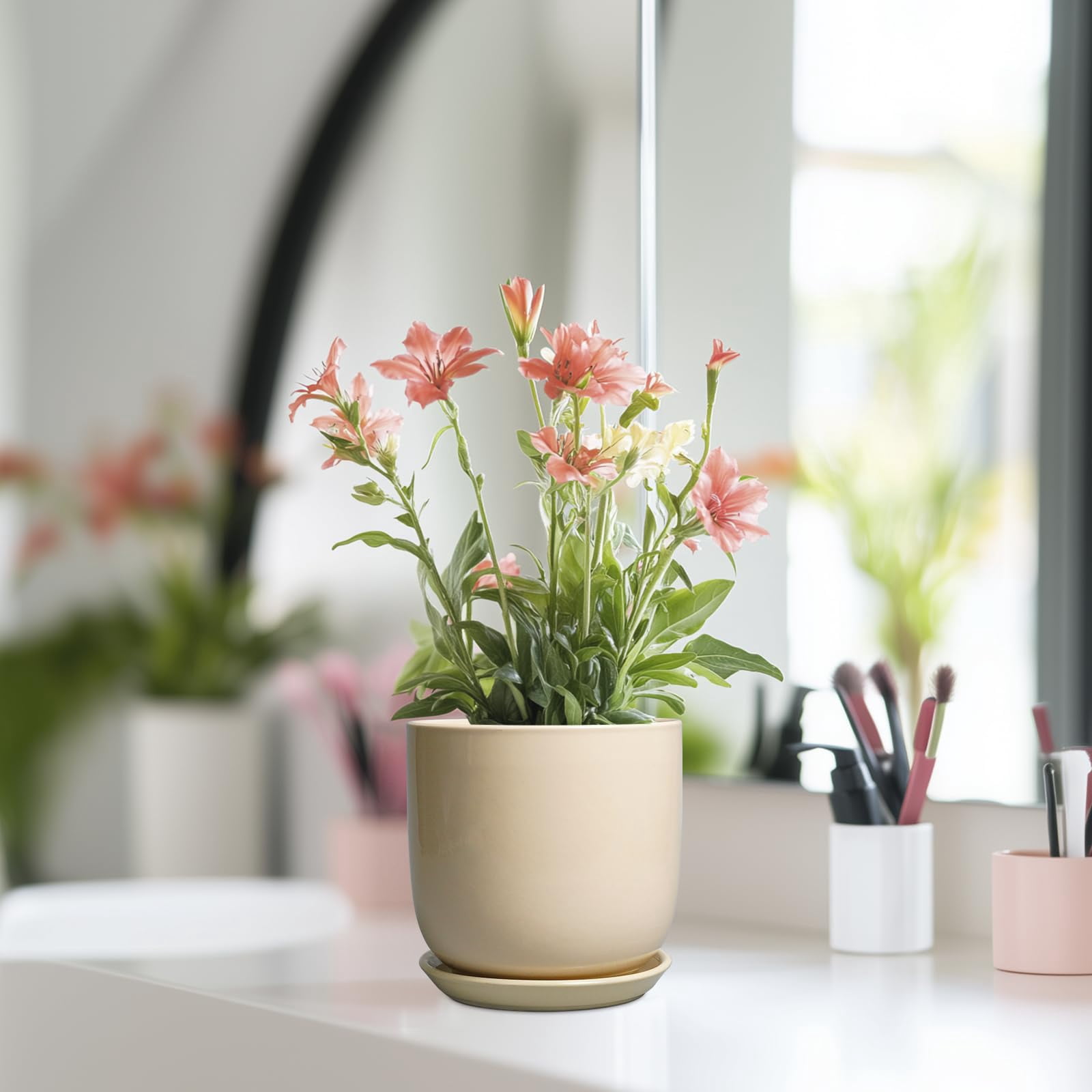 10 Inch Ceramic Planter with Drainage Hole and Saucer – Large Indoor Outdoor Flower Pot for Home Decor, Modern White Plant Pot