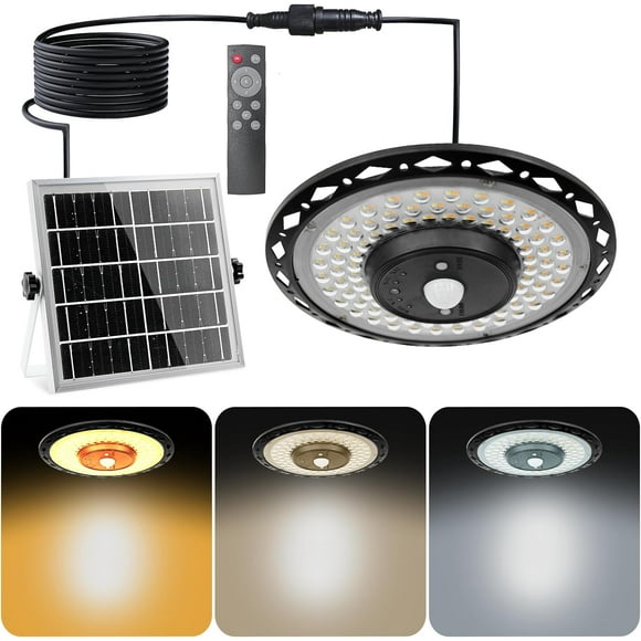 SHIJIU-Solar Pendant UFO Light 3000LM, Gazebo Indoor Outdoor Motion Sensor Dimmable Brightness Remote Control Waterproof for Patio Porch Garage Lights