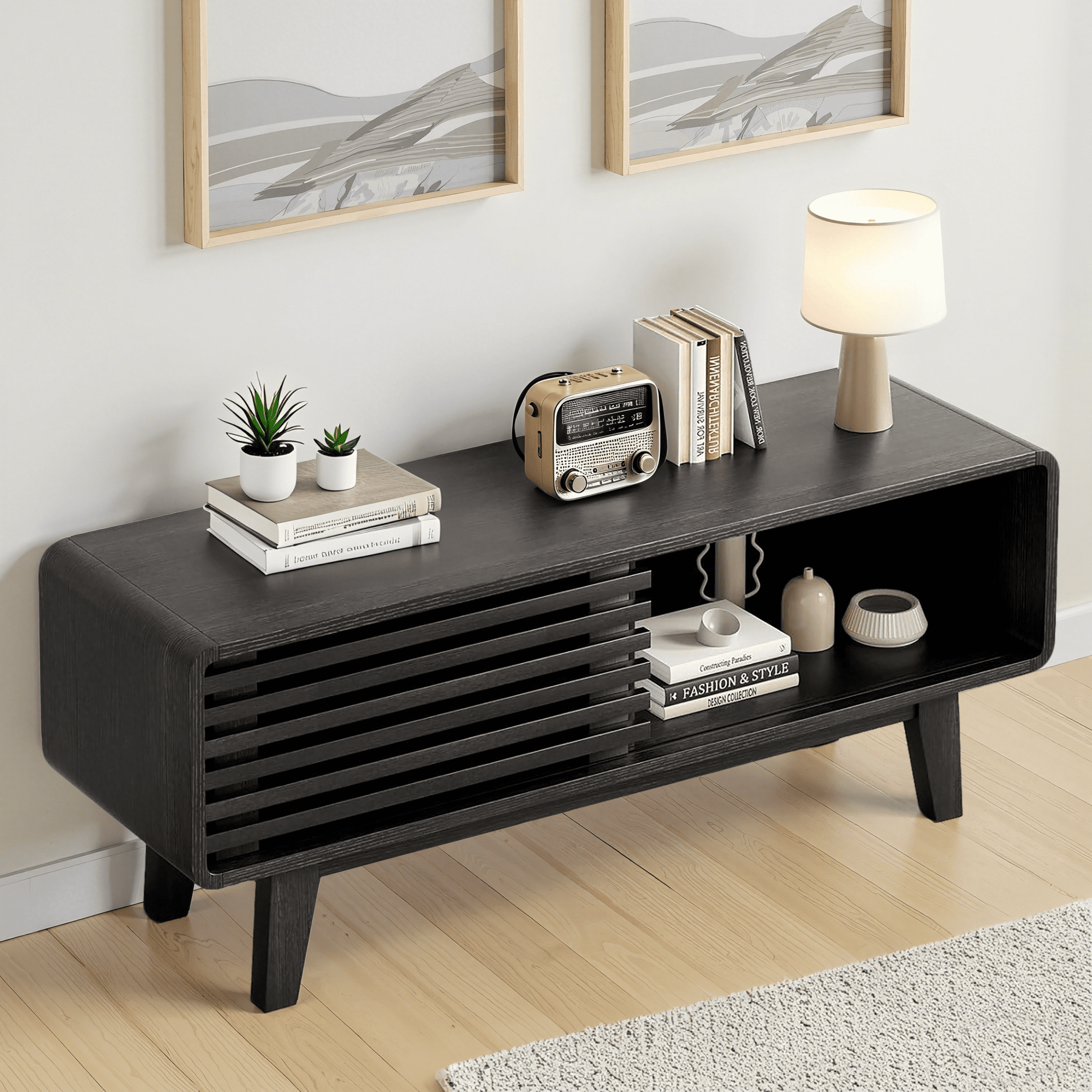MAYEERTY Black Mid Century Modern TV Stand, 59" TV Console with Storage for Living Room & Apartments
