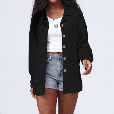 Womens Waffle Knit Shacket Jacket Oversized Casual Long Sleeve Button Down Shirts Dressy Blouses Tops with Pocket black XL