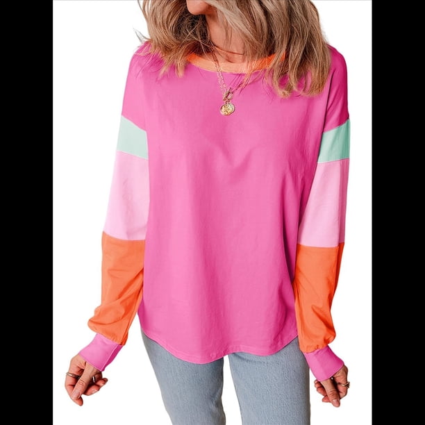 Camisetas de Larga para Mujer 2025, Cuello Redondo, Bloques de Color Rojo S