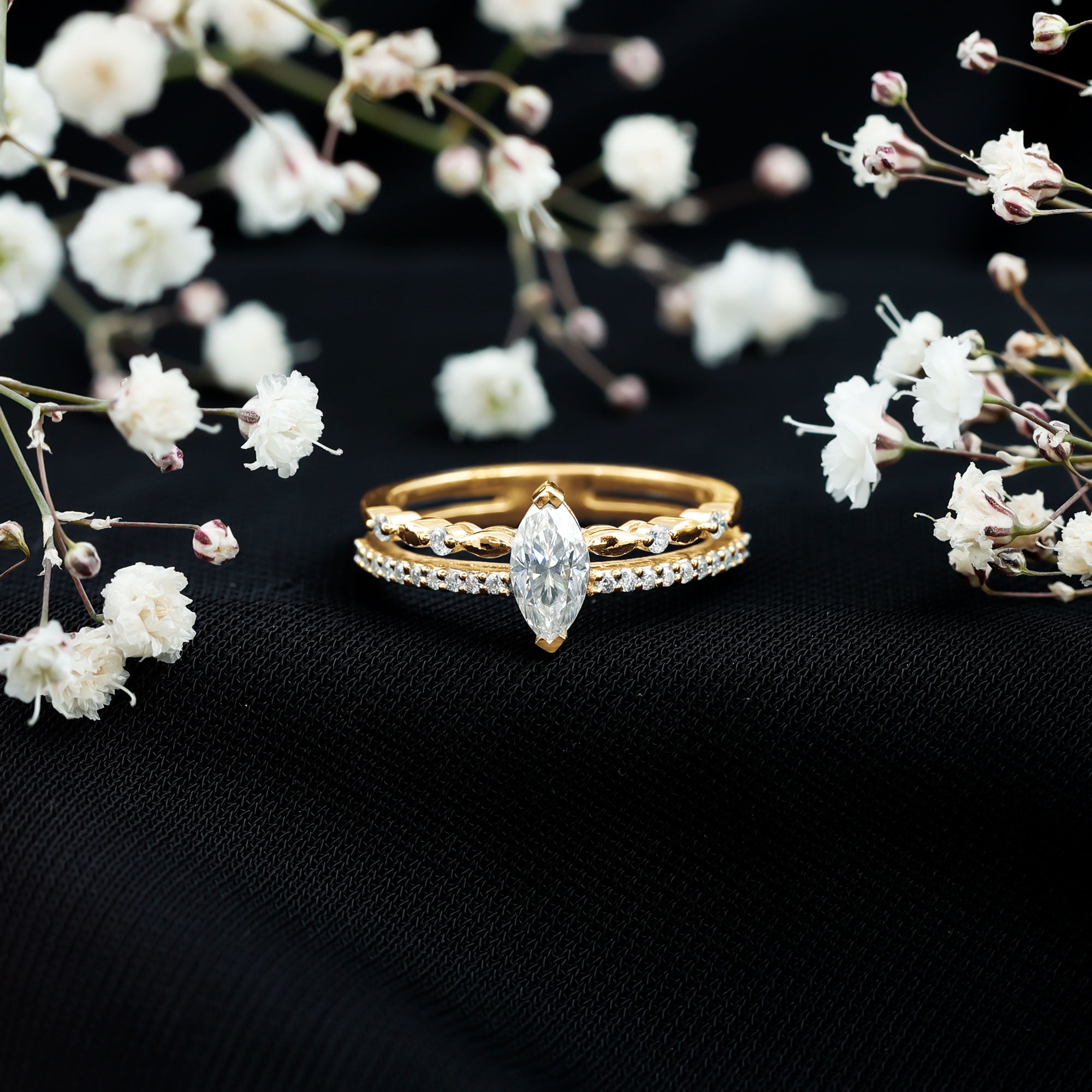 Rosec Jewels Certified Moissanite Marquise Engagement Ring for Women - 4X8 mm - Double Band Ring - D-VS1 Grade, 14K Yellow Gold, US 9.50