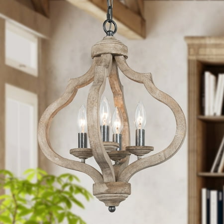 

LNC 4-Light Wood Farmhouse Chandelier for Kichen Island Distressed Wood&Antique Silver