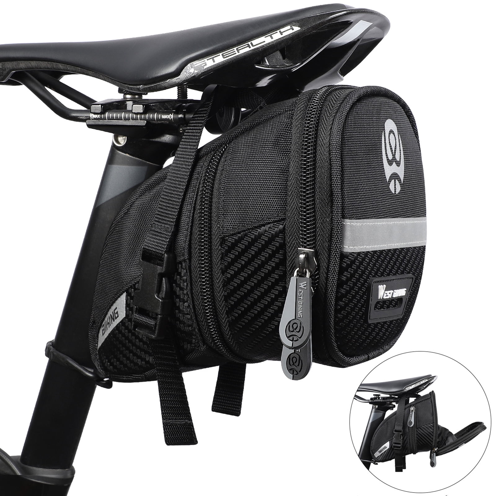 Bicycle Storage Bag for Mountain Bike IP65 Waterproof Bike Seat Bags with Reflective Tape Bike Saddle Bag BlackSamurai with Tire Repair Gear 