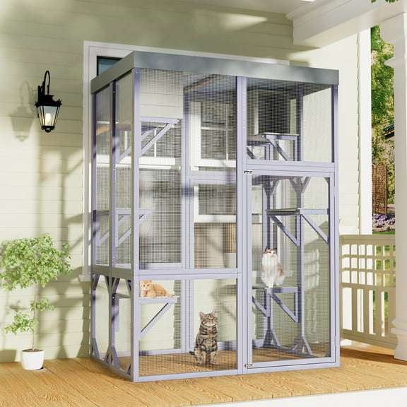 70" Catio Outdoor Cat Enclosure, Large Walk-in Cat House for Mulitiple Cats, Wooden Kitty Cage with Waterproof Roof for Cats to Play Rest