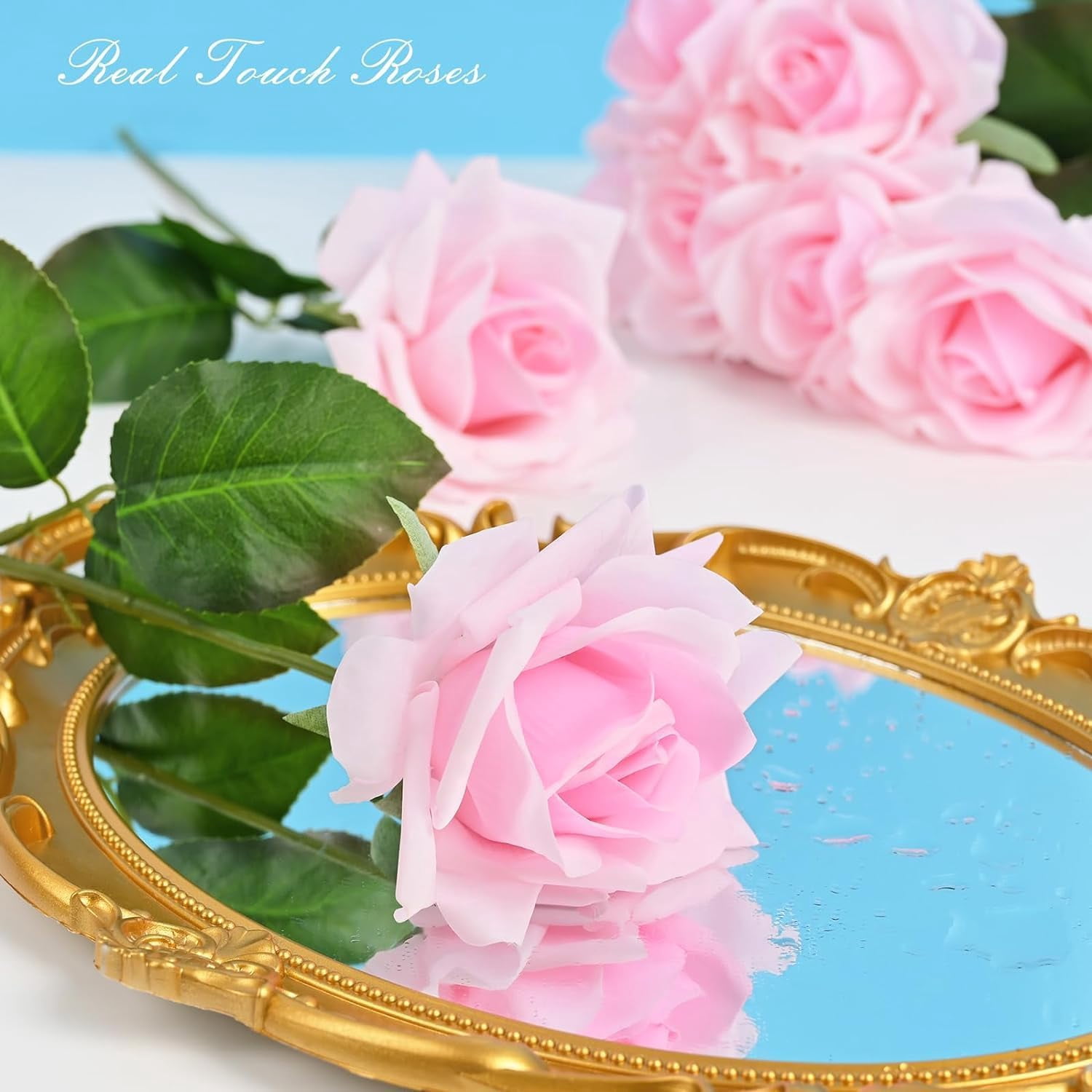 Fake Flowers in Vase, Pink Real Touch Roses Artificial Flowers with Vase, Faux Flowers in Vase, Flower Arrangement for Home, Bathroom, Office Decor, Dining Table Centerpiece