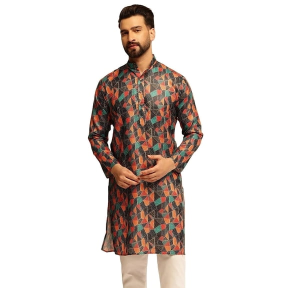 Sojanya (Since 1958) Men'S Cotton Linen Abstract Print Multicolor Long Kurta