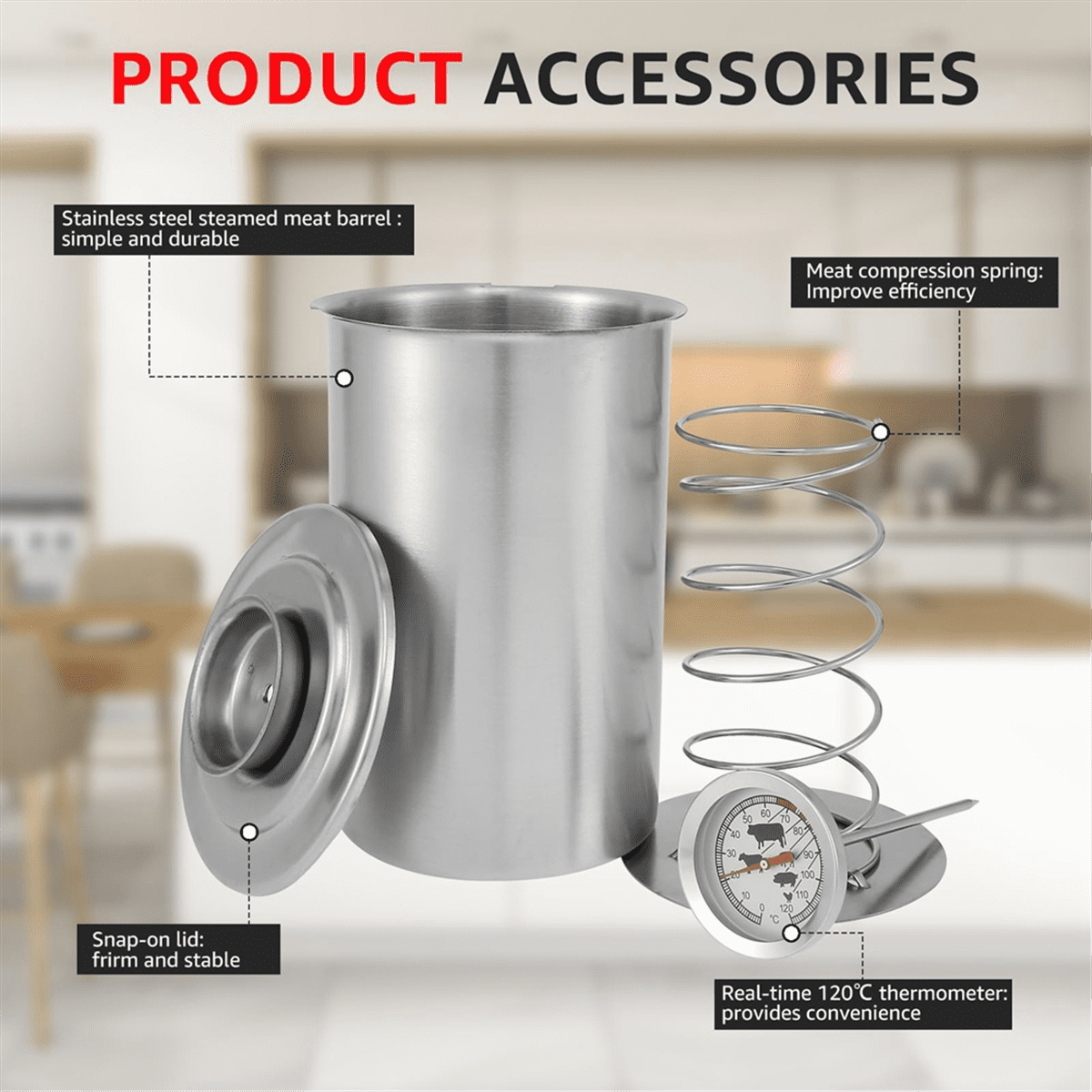 Stainless Steel Meat Meat, Large Capacity Ham Maker with Thermometer, Round Shape Meat Mold,1 x Boiled meat ,Silver
