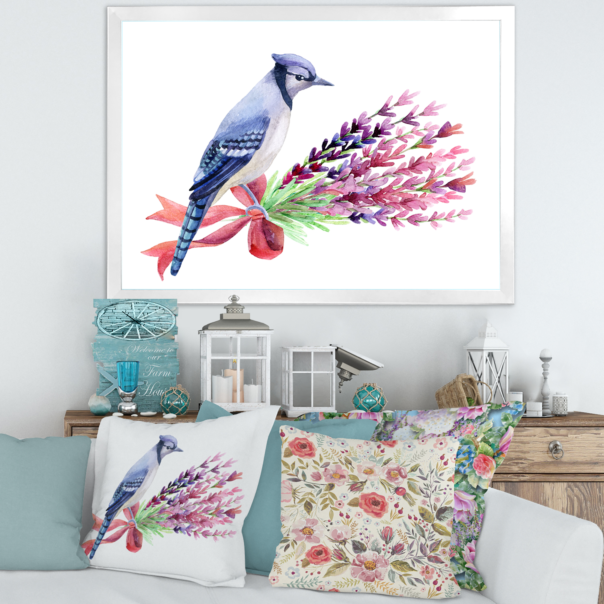 Designart 'Blue Jay Bird On Bouquet Of Pink Flowers' Traditional Framed Art Print