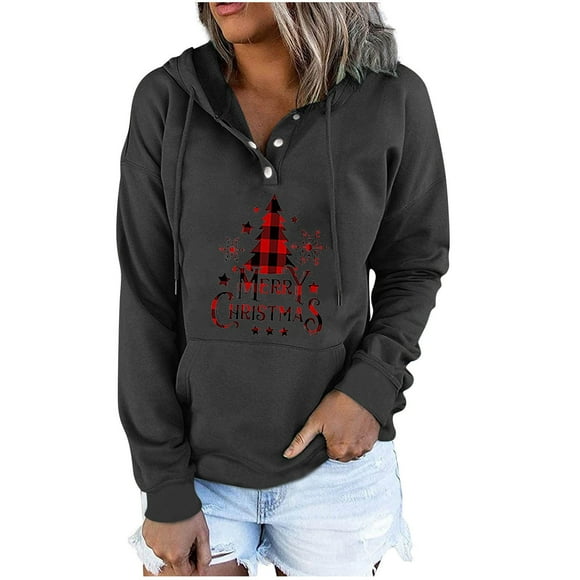 Mirages Chandails d'Automne pour Femmes, Blouse à Manches Longues avec Poche Imprimée de Noël pour Femmes, Chandail Décontracté, Chandails à Capuchon à Boutons