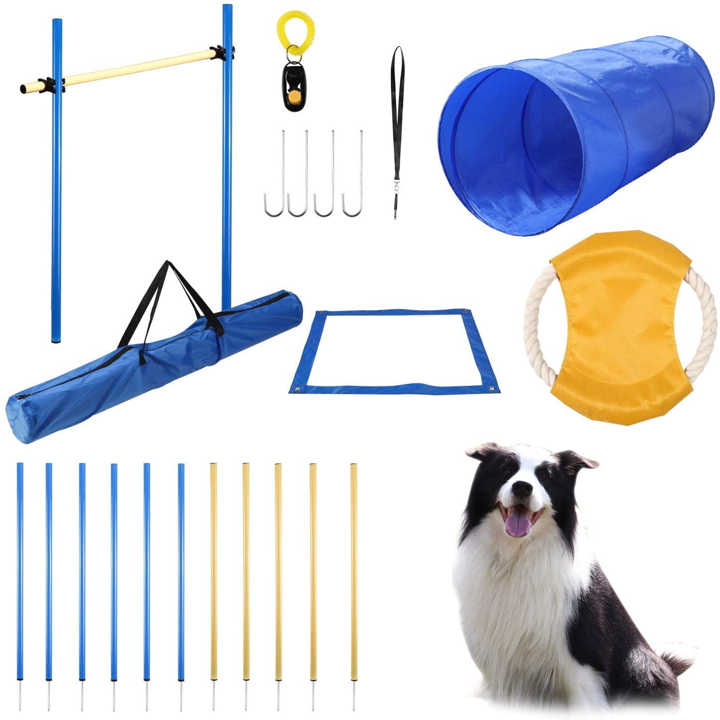 GeerDuo Dog Agility Training Equipment Pause Box and Carrying Bag 8 Weave Poles Pet Outdoor Games Including Tunnel Jump Ring Obstacle Agility Training Starter Kit for Doggie Adjustable Hurdle