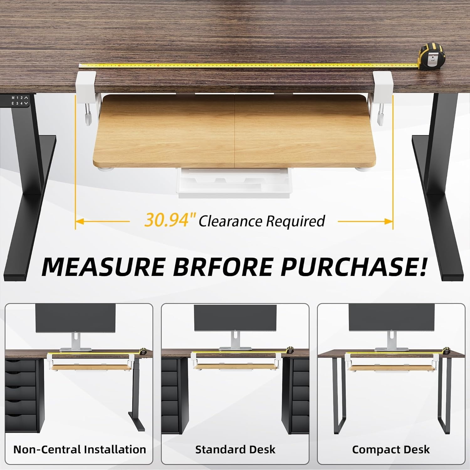 Keyboard Tray Under Desk, 26.77" X 11.81" Large Size Keyboard Tray with C Clamp-on Mount Easy to Install, Computer Keyboard Stand, Ergonomic Keyboard Tray for Home and Office (Oak)