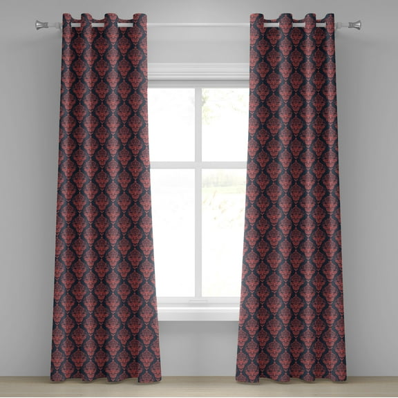 Ambesonne Retro Grommet Curtain, Shabby Damask Rococo, 50" x 120", Dark Coral Blue Grey