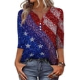 thumbnail image 5 of Women's Patriotic Star Print 250th Anniversary USA Shirt V-Neck Button 3/4 Sleeve T-Shirt, 5 of 6