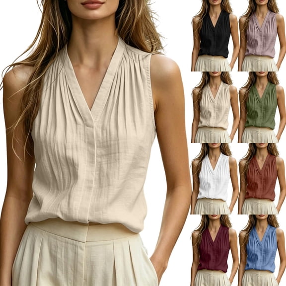 VBVC Women's Cotton Linen V Neck Sleeveless Blouses , Ladies' Dressy Casual Work Office Summer Shirts , Breathable Pleated Tank Tops For Women,Beige,S-2XL