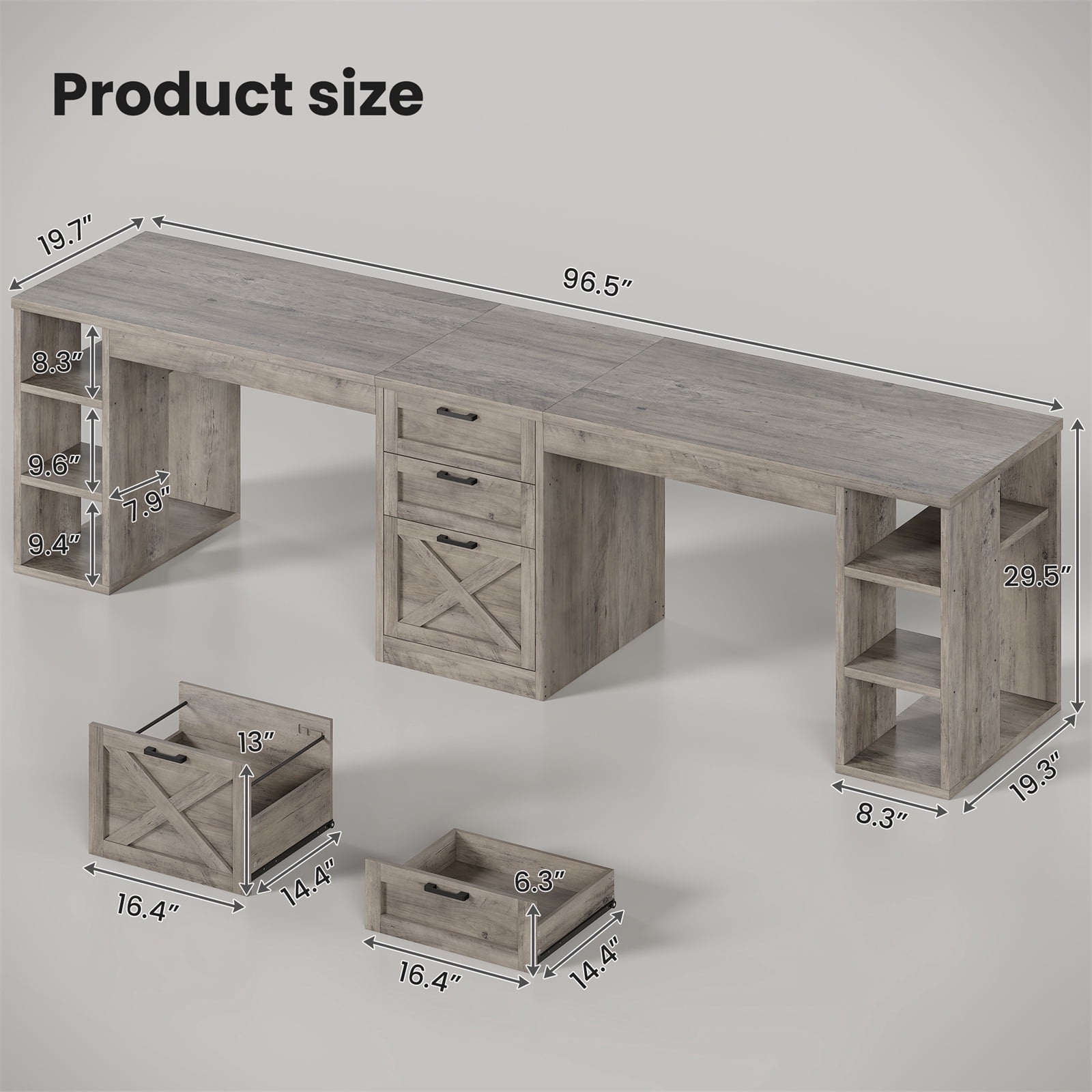 96.5 Inch 2 Person Desk with Storage, Farmhouse Double Desk with Drawers and Open Shelves, Home Office Desk with Printer Stand and File Drawer, Grey