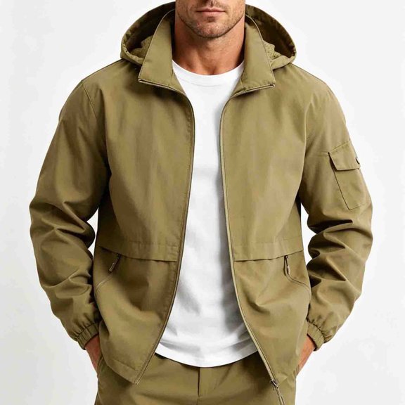 LYSMORA Mens Hooded Softshell Jacket Cargo Sleeve Pocket Zipper Side Pockets Elastic Cuff Windproof Daily Outdoor Coat