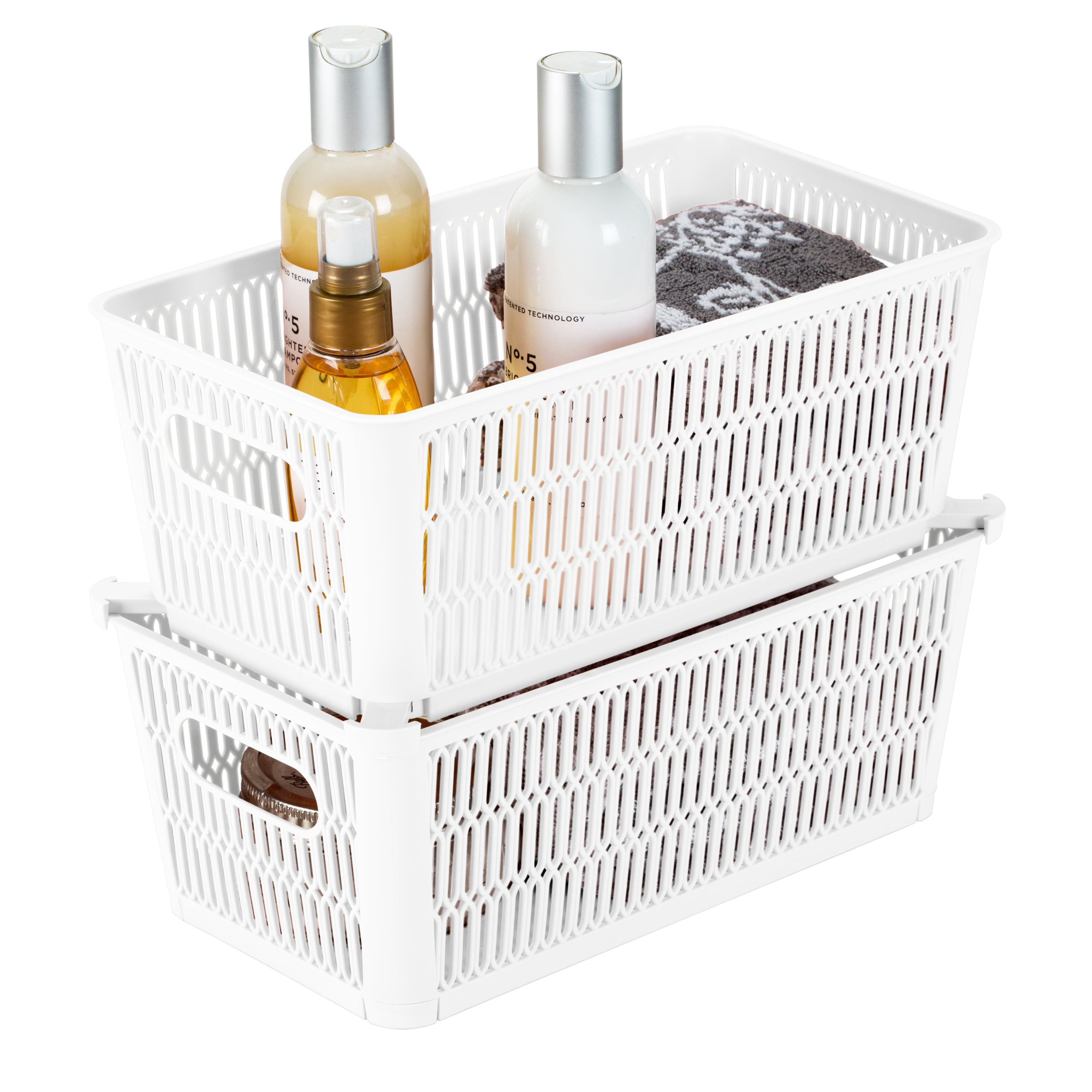 Simplify 4 Pack Slide 2 Stack It Small Plastic Storage Tote Baskets in White