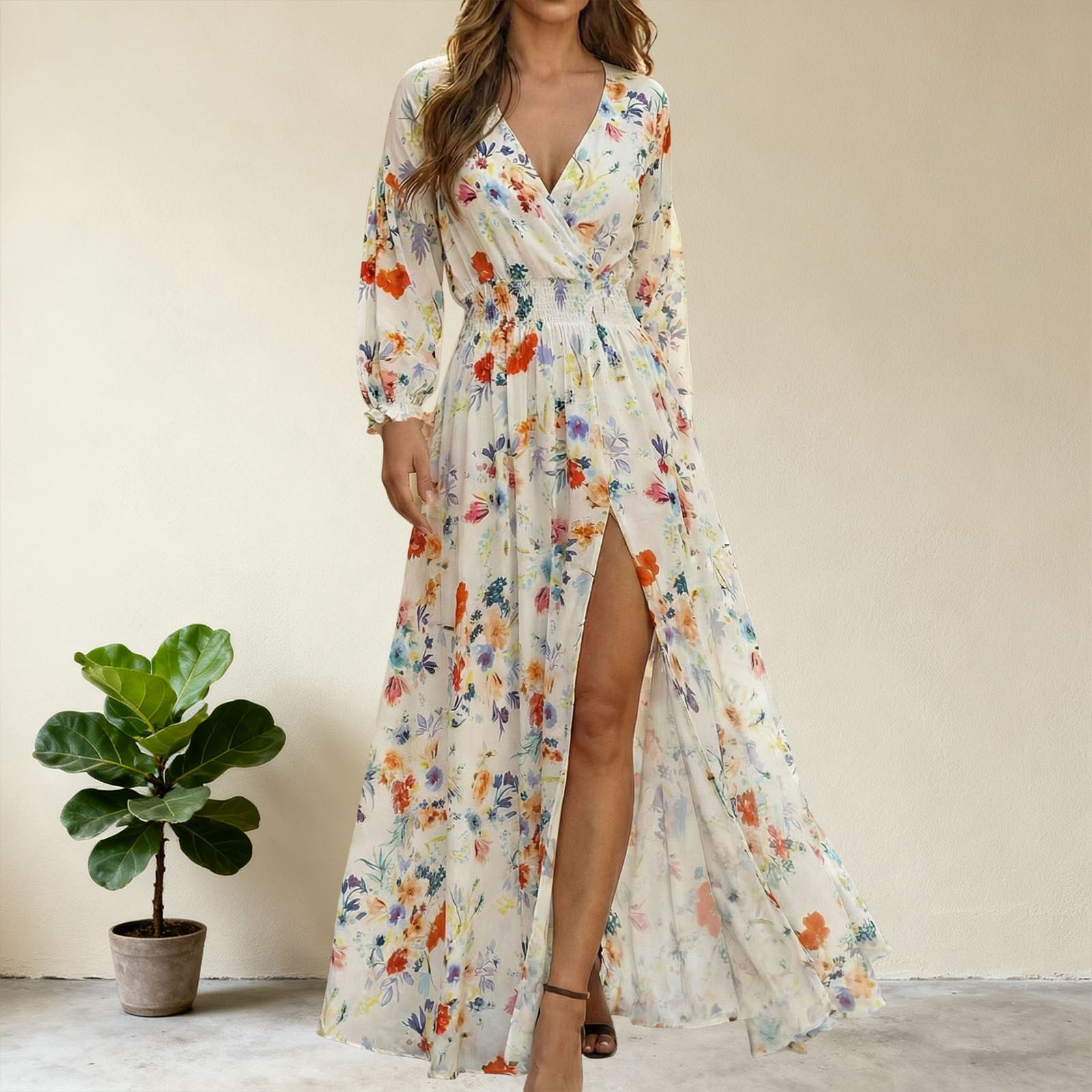 Women's Boho Floral Print V-Neck Maxi Dress Long Sleeve Smocked Waist High Slit Flowy Beach Dress