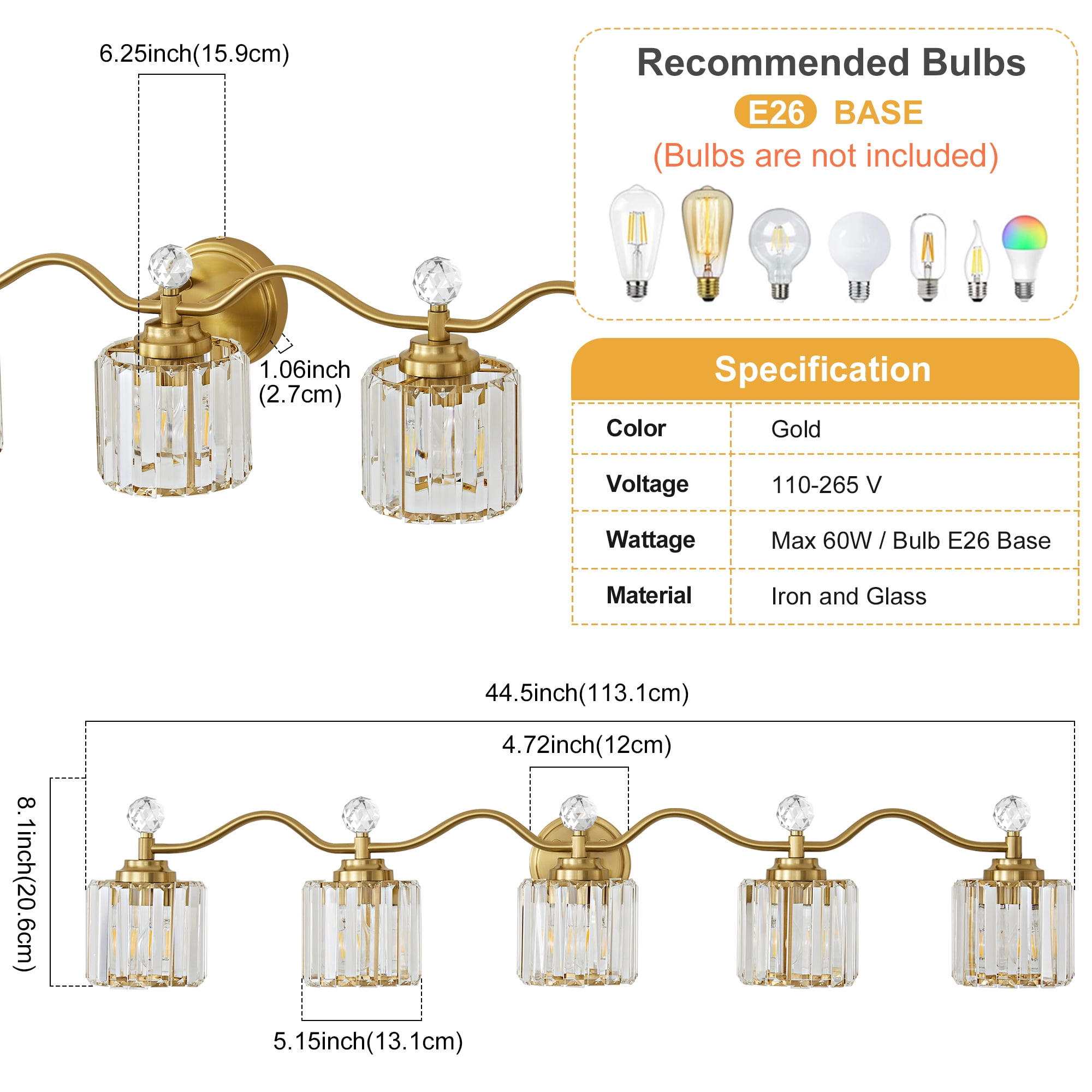 Deyidn 44.5" Modern 5-Light Gold Bathroom Vanity Light - Dimmable Bathroom Transitional Fixture with Crystal Glass Shades