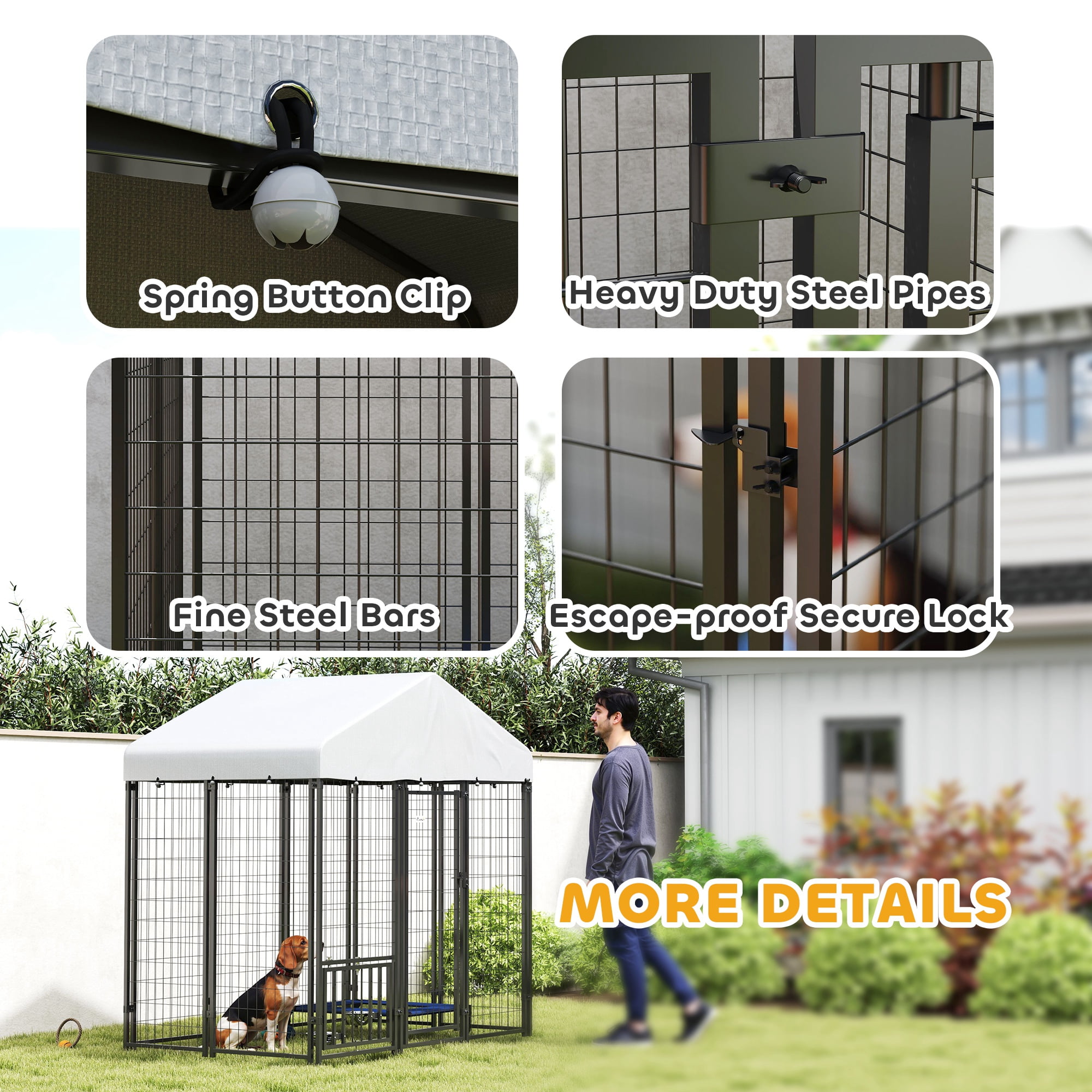 PawHut Outdoor Dog Kennel with Roof, 5.9' x 4' x 6' Heavy Duty Welded Wire Dog Playpen Fence with Rotating & 4-Level Adjustable Feeding Bowls